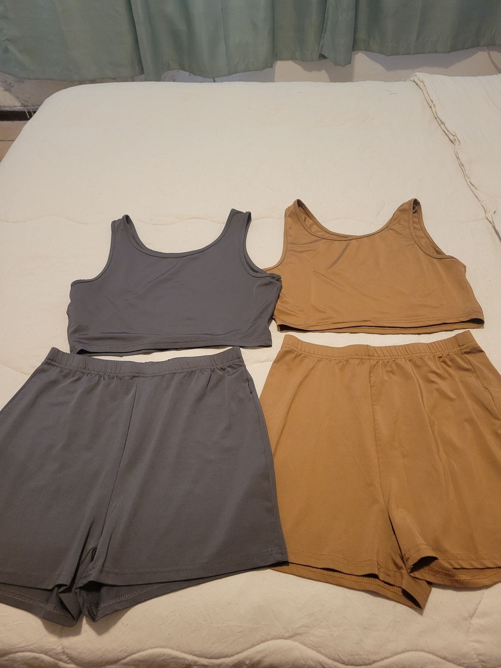 SHEIN Two-Tone Sports Crop Tank & Shorts Set - Gray and Camel